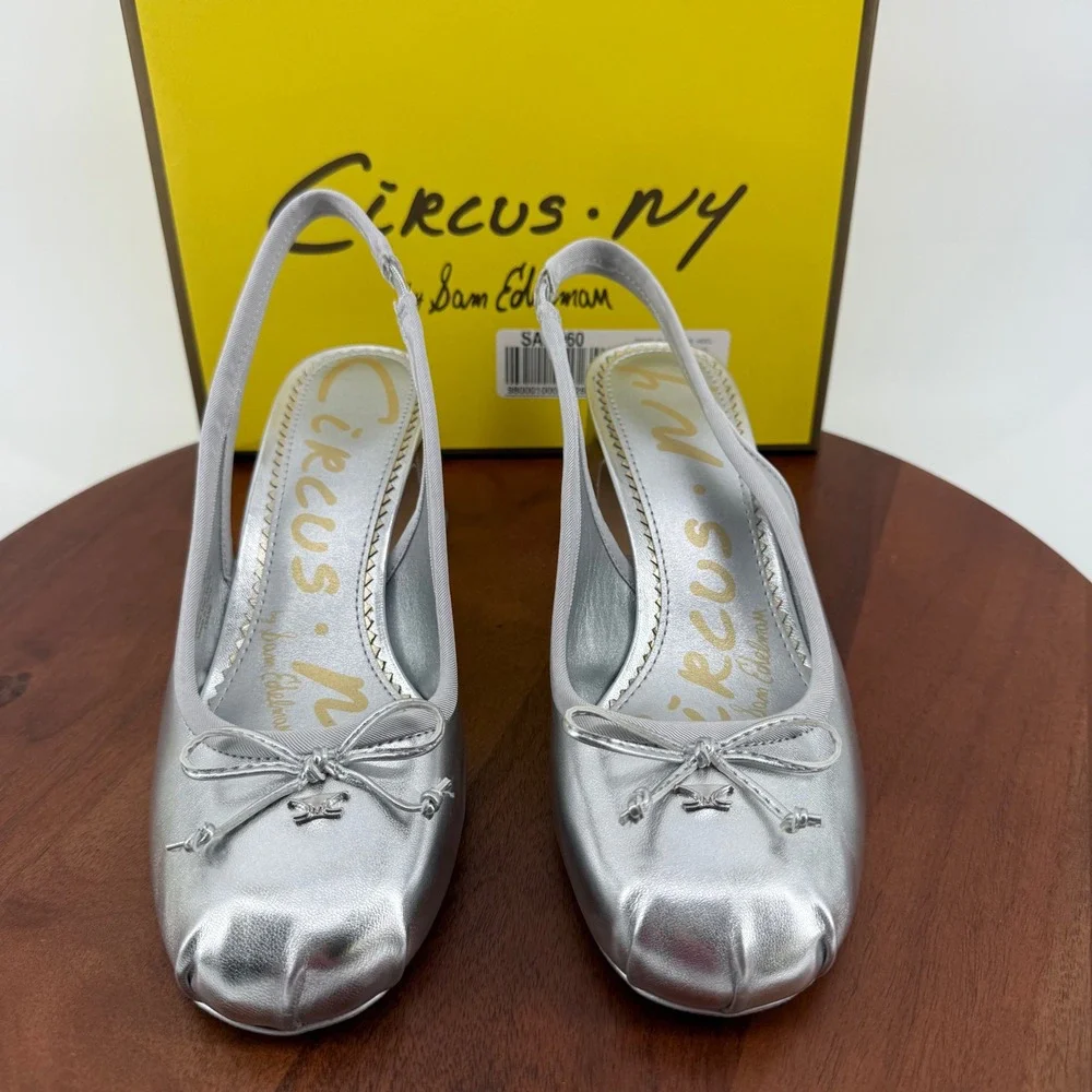 Circus NY Diane Soft Silver Slingback Block Heel Square Toe Bow Pumps Women 8.5M